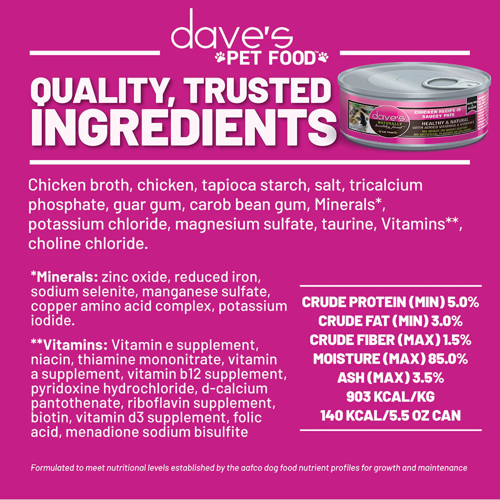 Dave's Pet Food Chicken Recipe in Saucey Pate Canned Cat Food