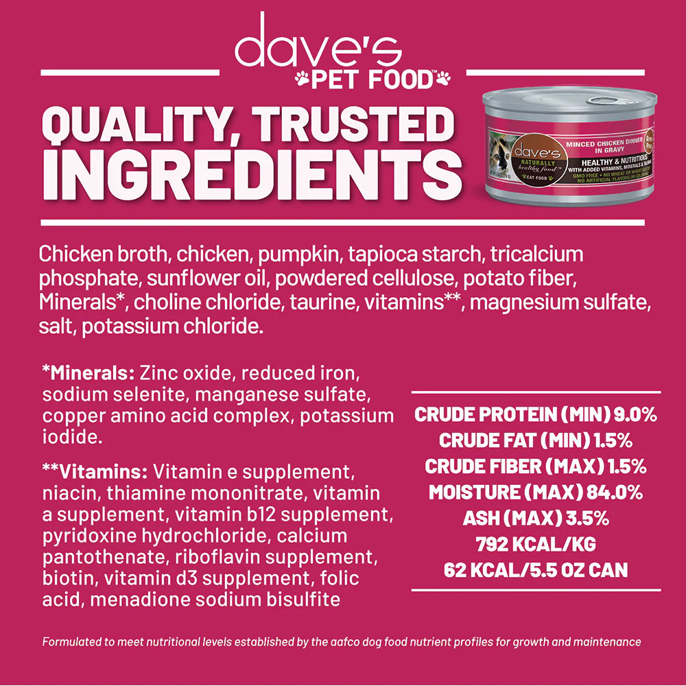 Dave's Pet Food Minced Chicken Dinner in Gravy Canned Cat Food