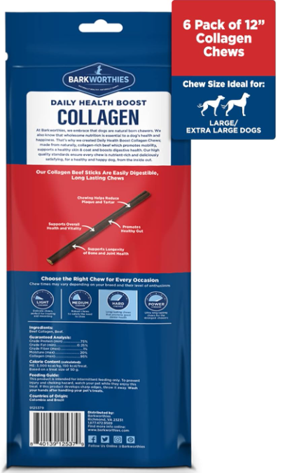 Barkworthies 12 Inch Collagen Grain Free Beef Stick For Dogs