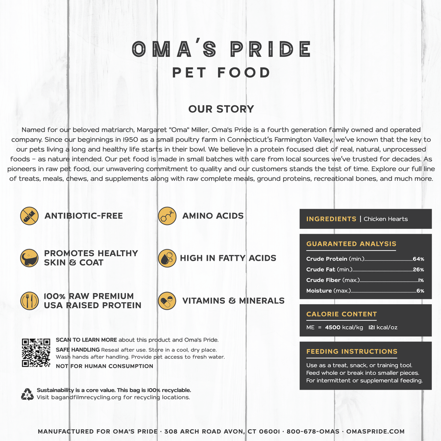 Oma's Pride Freeze-Dried Chicken Hearts for Dogs and Cats