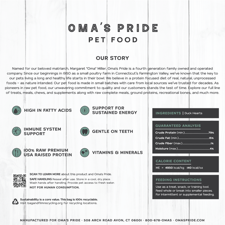 Oma's Pride Freeze-Dried Duck Heart Rounds for Dogs and Cats