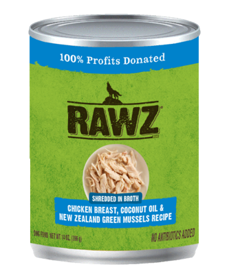 RAWZ Shredded in Broth Chicken Breast, Coconut Oil & New Zealand Green Mussel Recipe Canned Dog Food