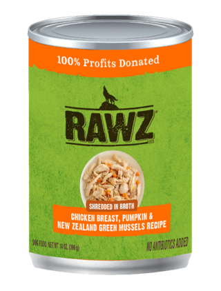 RAWZ Shredded in Broth Chicken Breast, Pumpkin & New Zealand Green Mussel Recipe Canned Dog Food