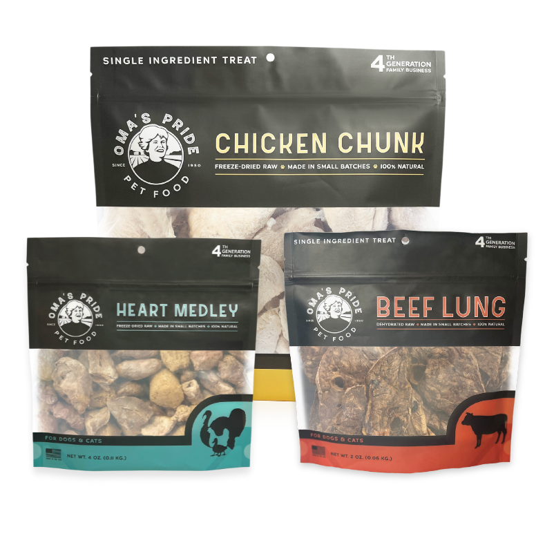 Oma's Pride Variety Pack Freeze-Dried Chicken, Beef, and Heart Medley