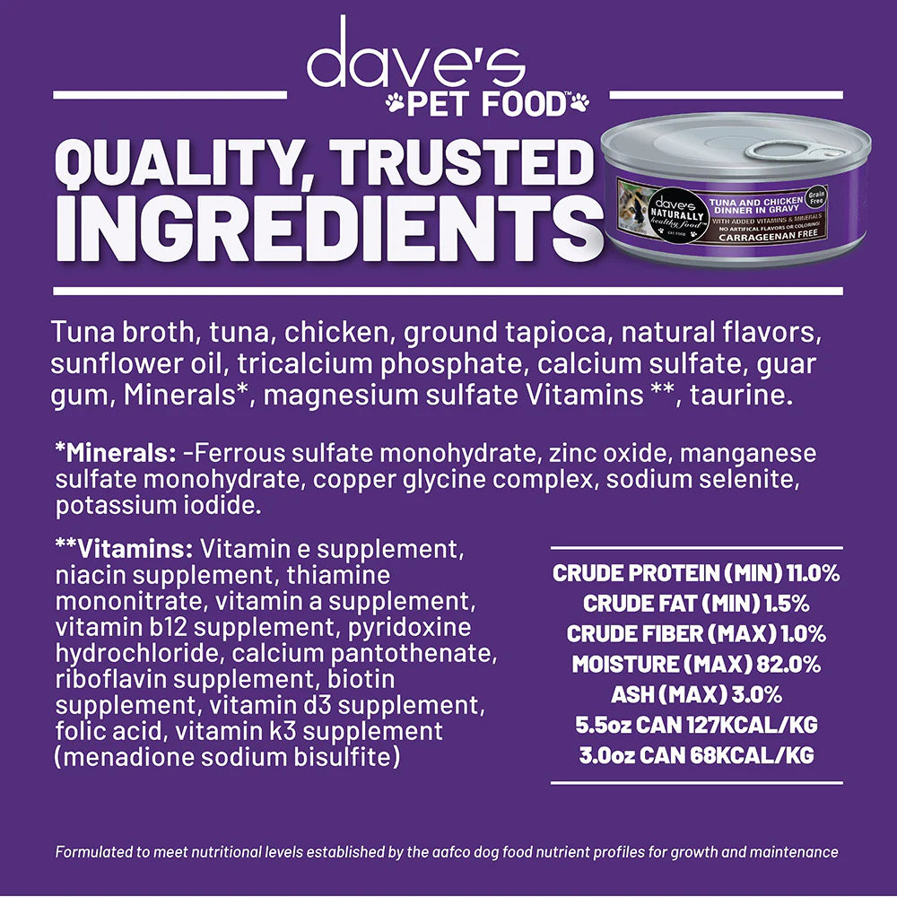 Dave’s Naturally Healthy Grain Free Cat Food Tuna & Chicken Dinner in Gravy