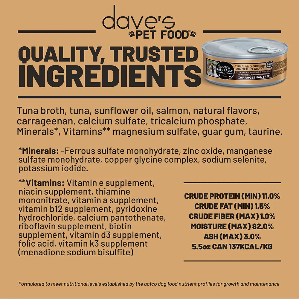 Dave’s Naturally Healthy Grain Free Can Cat Food Tuna & Shrimp Dinner In Gravy