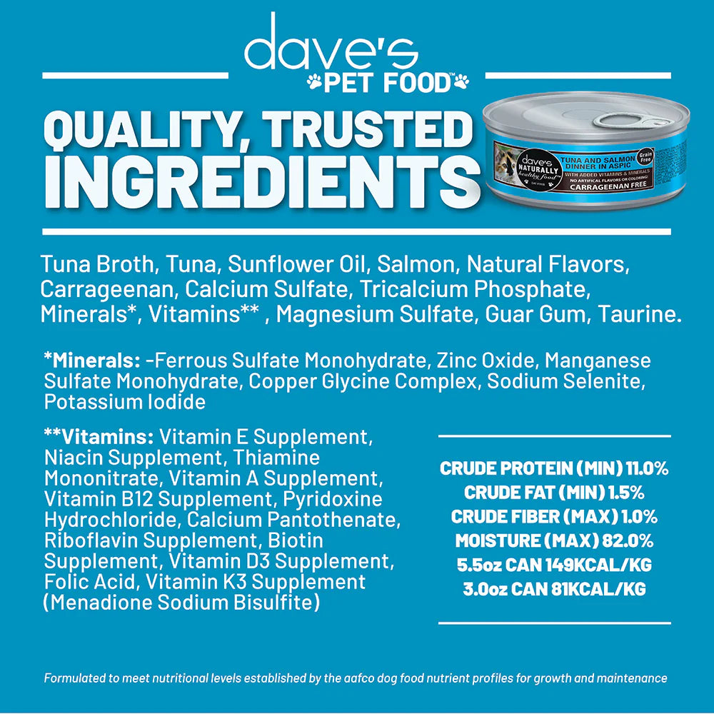 Dave’s Naturally Healthy Grain Free Cat Food Tuna & Salmon Dinner in Aspic