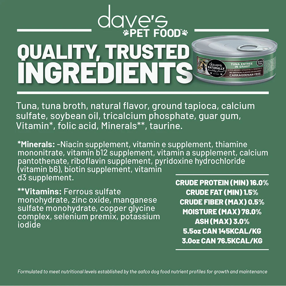 Dave’s Naturally Healthy Grain Free Canned Cat Food Tuna Entrée in Gravy