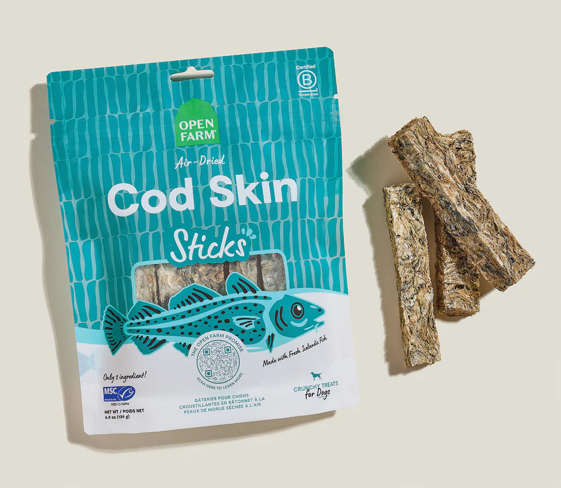 Open Farm Air Dried Cod Skins Crunchy Dog Treat Sticks
