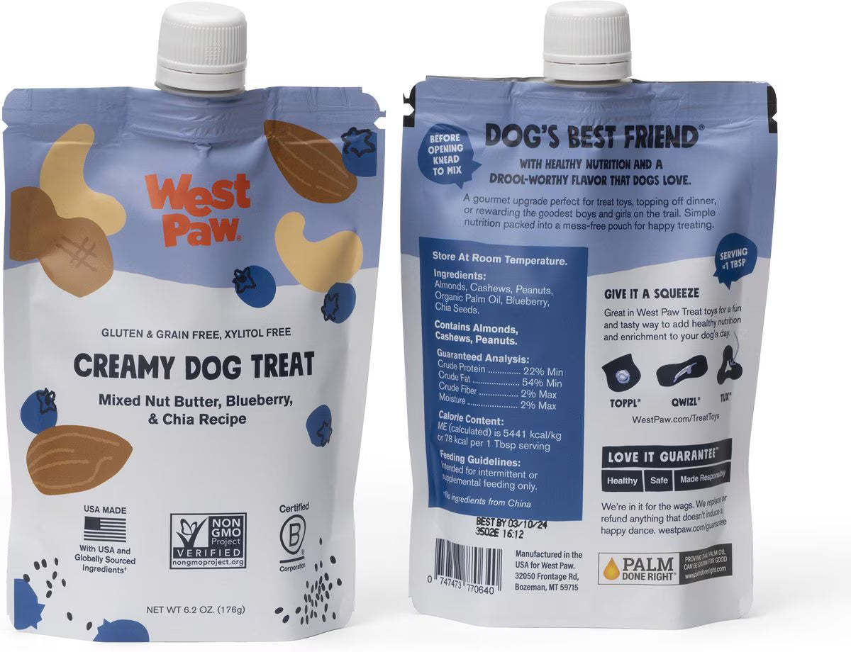 West Paw Creamy Dog Treats Nut Butter, Blueberry, Chia Seed