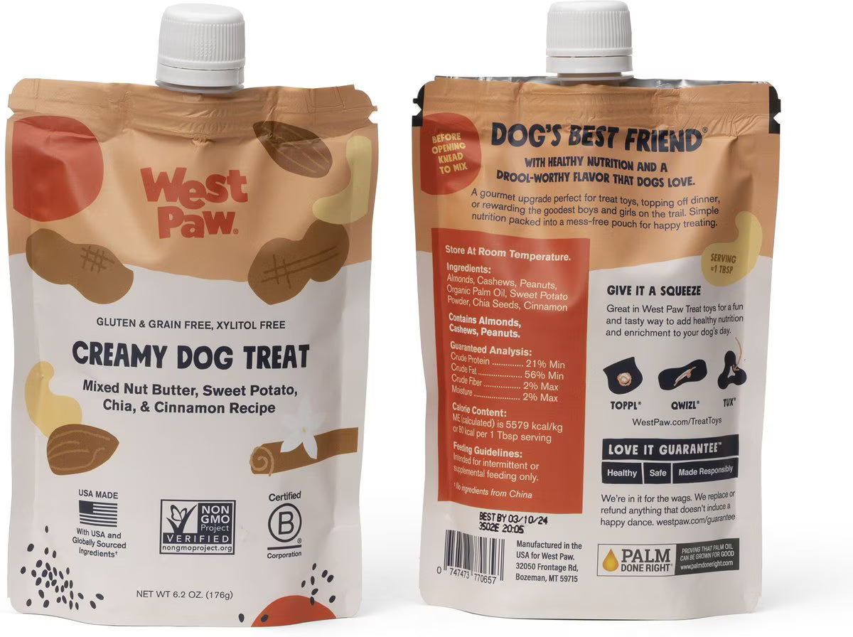 West Paw Creamy Dog Treats Nut Butter, Sweet Potato, Chia Seed