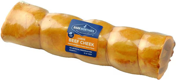 Barkworthies 10-12 Large Beef Cheek Dipped w/Peanut Butter Flavor