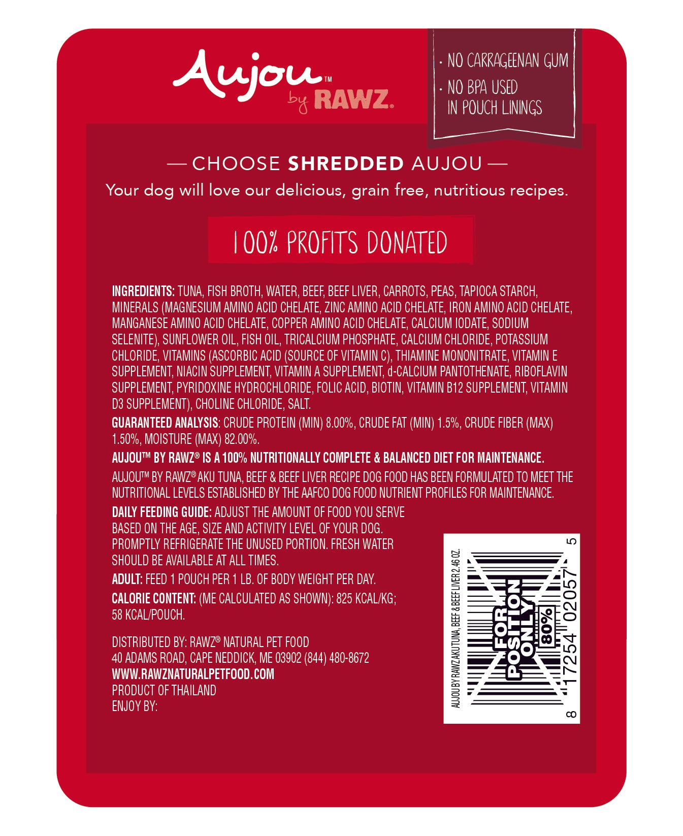 RAWZ Aujou Aku Tuna, Beef & Beef Liver Dog Food 8 / 2.46 oz Pouches