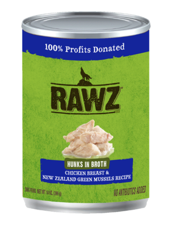 RAWZ Hunks in Broth Chicken Breast & New Zealand Green Mussel Recipe Canned Dog Food