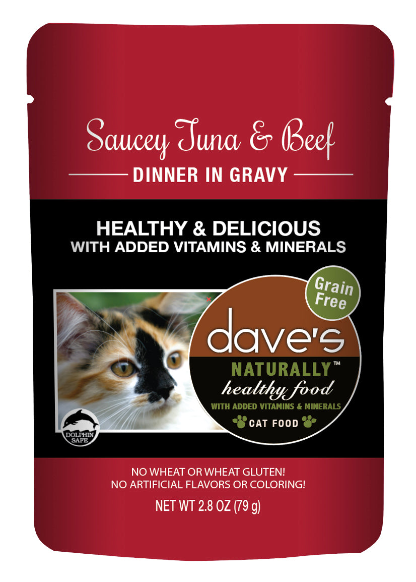Dave’s Naturally Healthy Cat Food Pouch – Saucey Tuna & Beef Dinner in Gravy