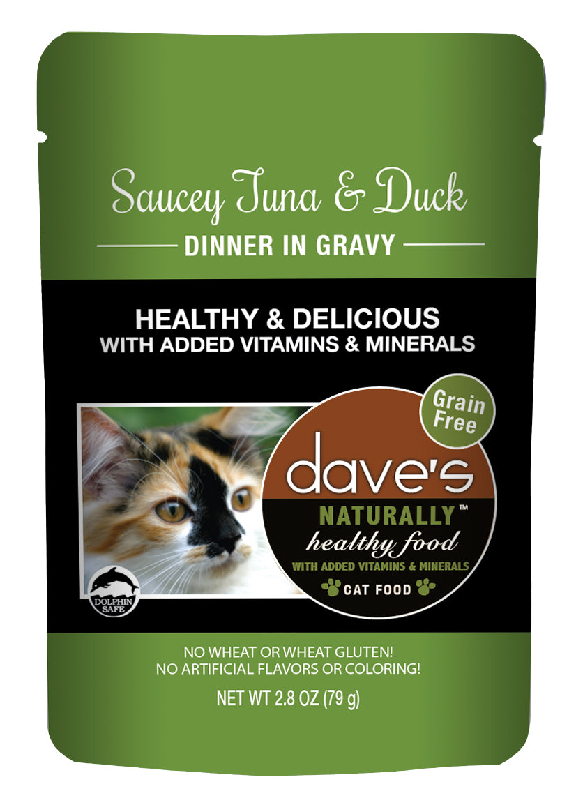 Dave’s Naturally Healthy Cat Food Pouch – Saucey Tuna & Duck Dinner in Gravy