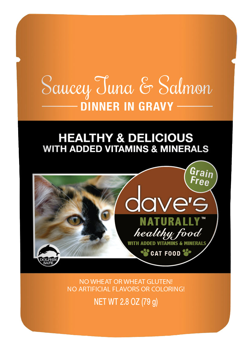 Dave’s Naturally Healthy Cat Food Pouch – Saucey Tuna & Salmon Dinner in Gravy
